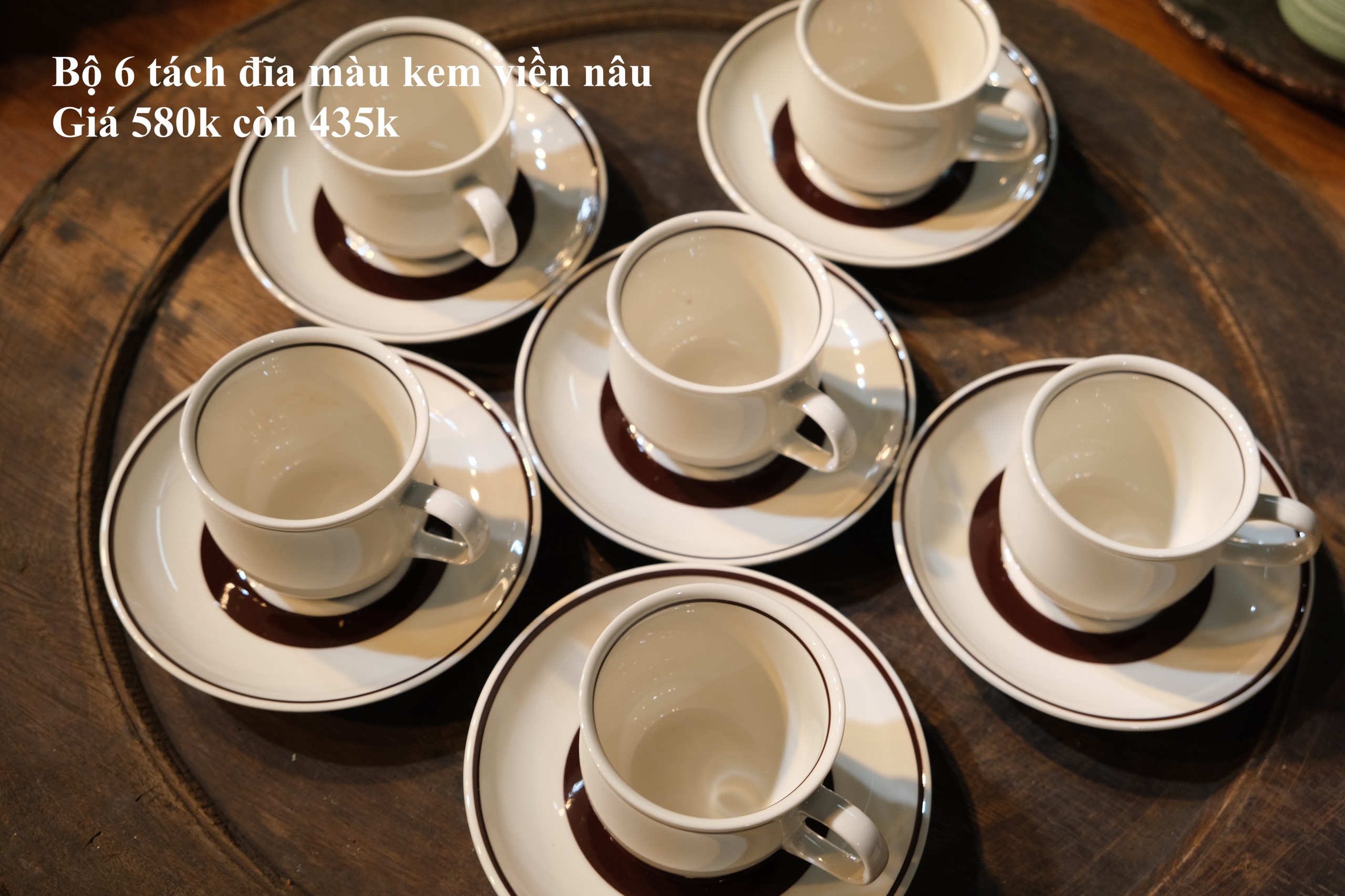 Set 6 tách đĩa màu kem viền nâu