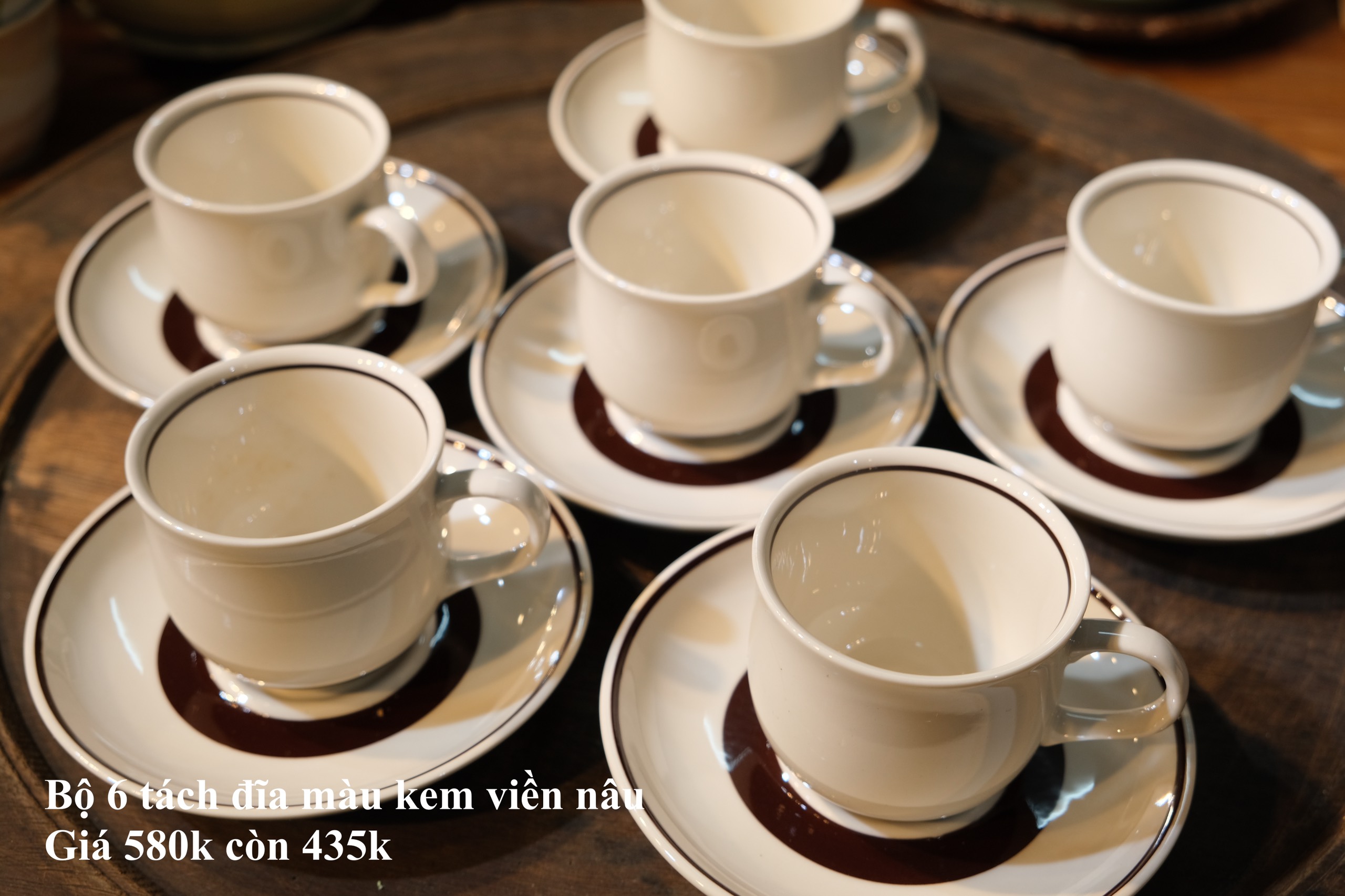 Set 6 tách đĩa màu kem viền nâu
