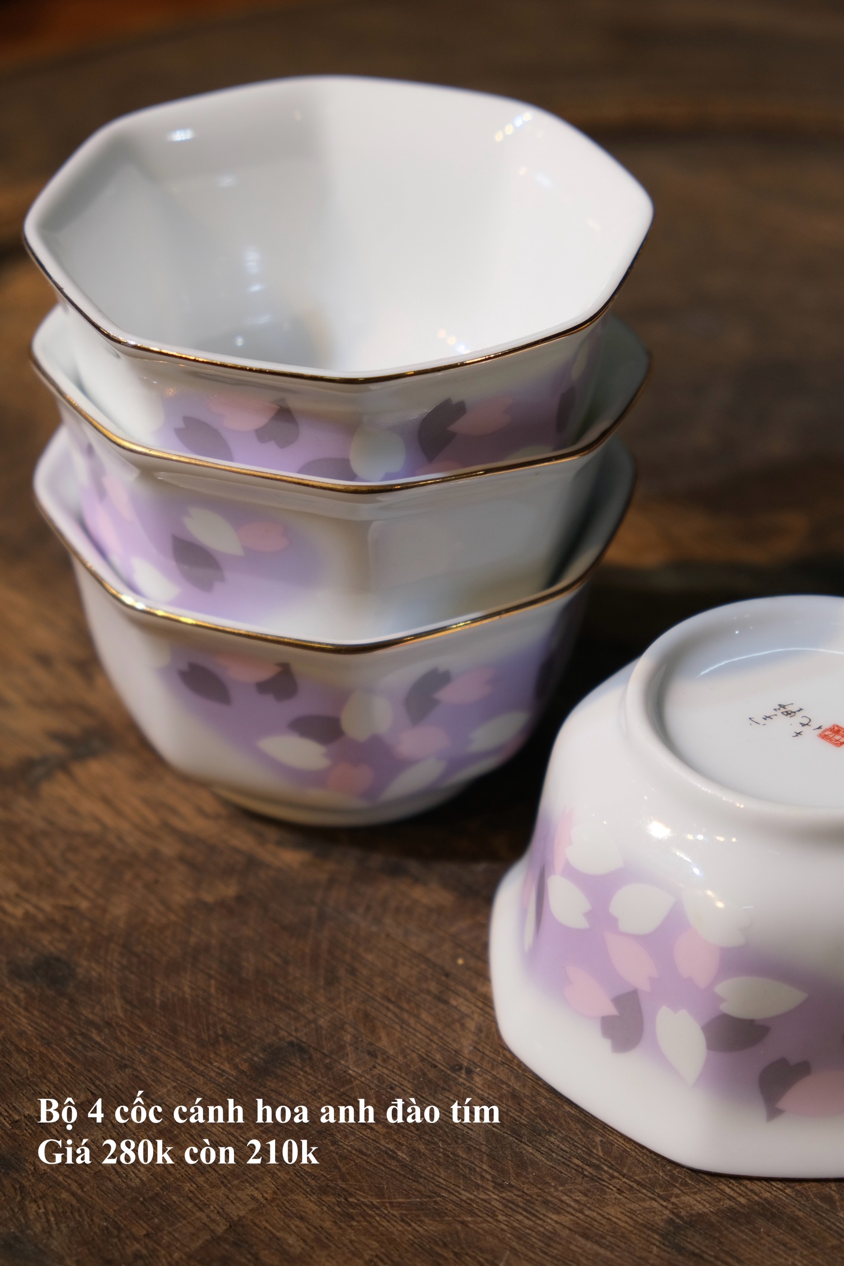 Bộ 4 cốc hoa đào tím