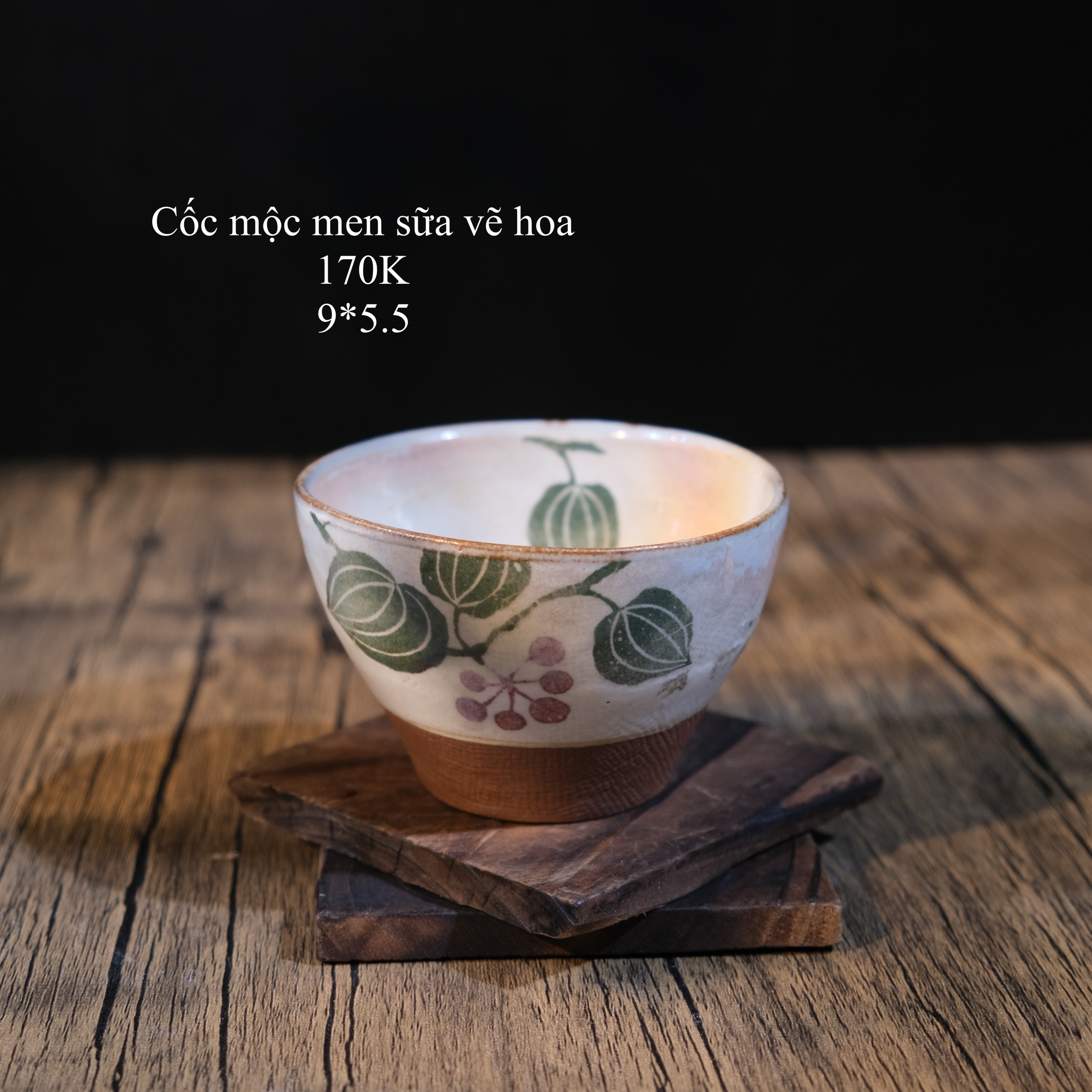 Cốc mộc men sữa vẽ hoa