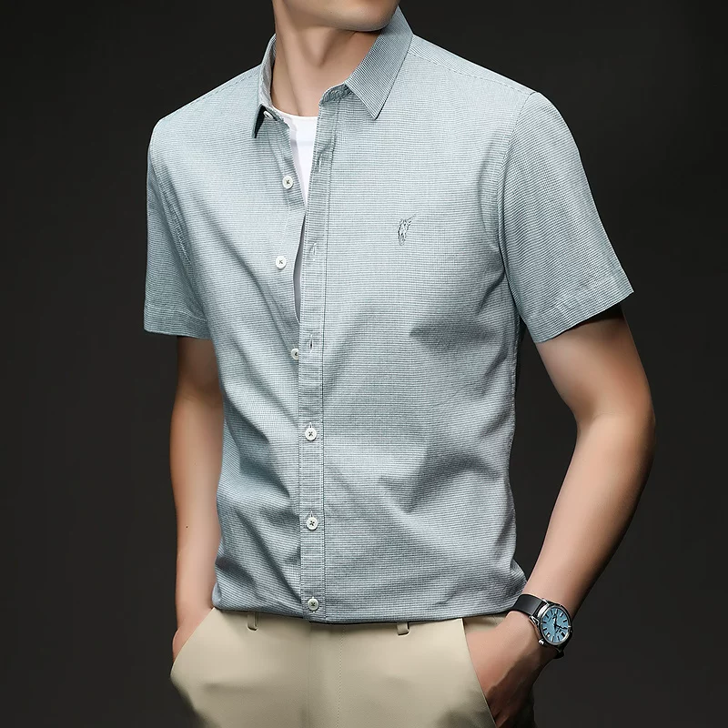 OE986: Áo sơ mi nam tay ngắn chất liệu cotton mỏng, áo kiểu Hàn Quốc thêu họa tiết