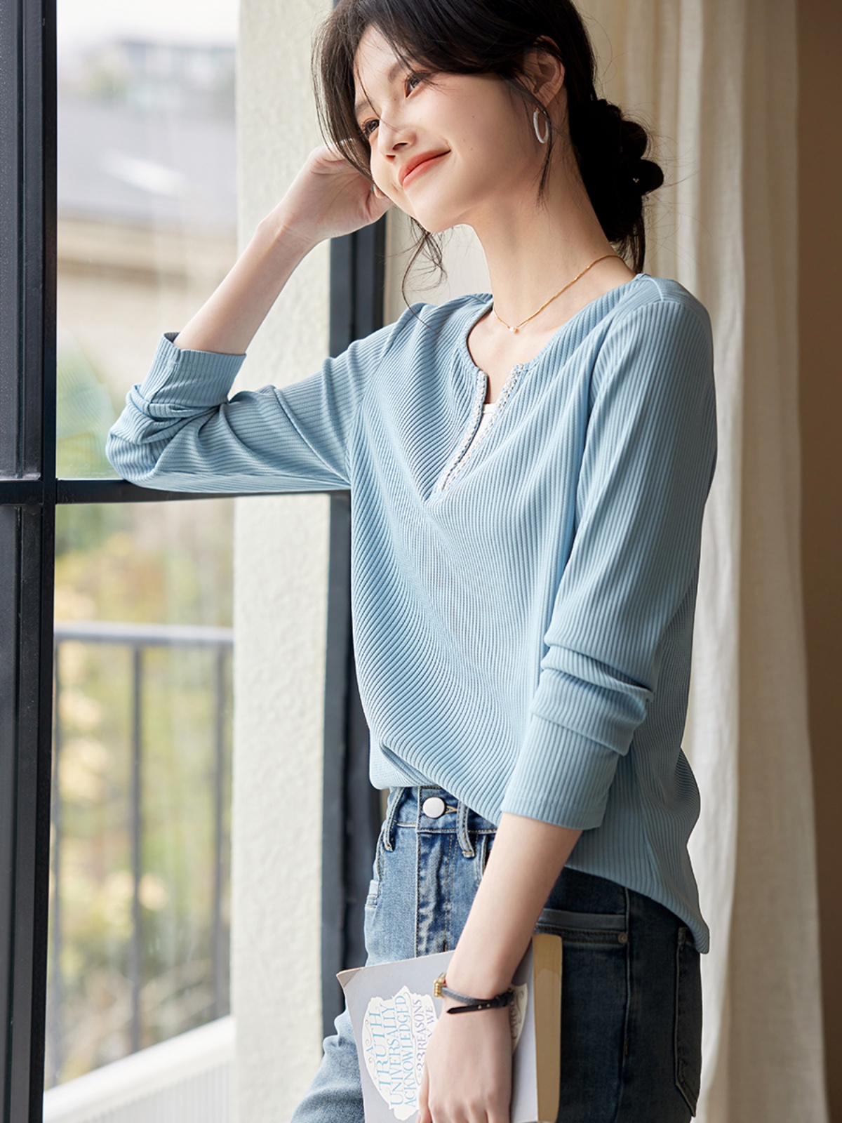 OD107: áo thun nữ dài tay phối màu cao cấp len sơ mi