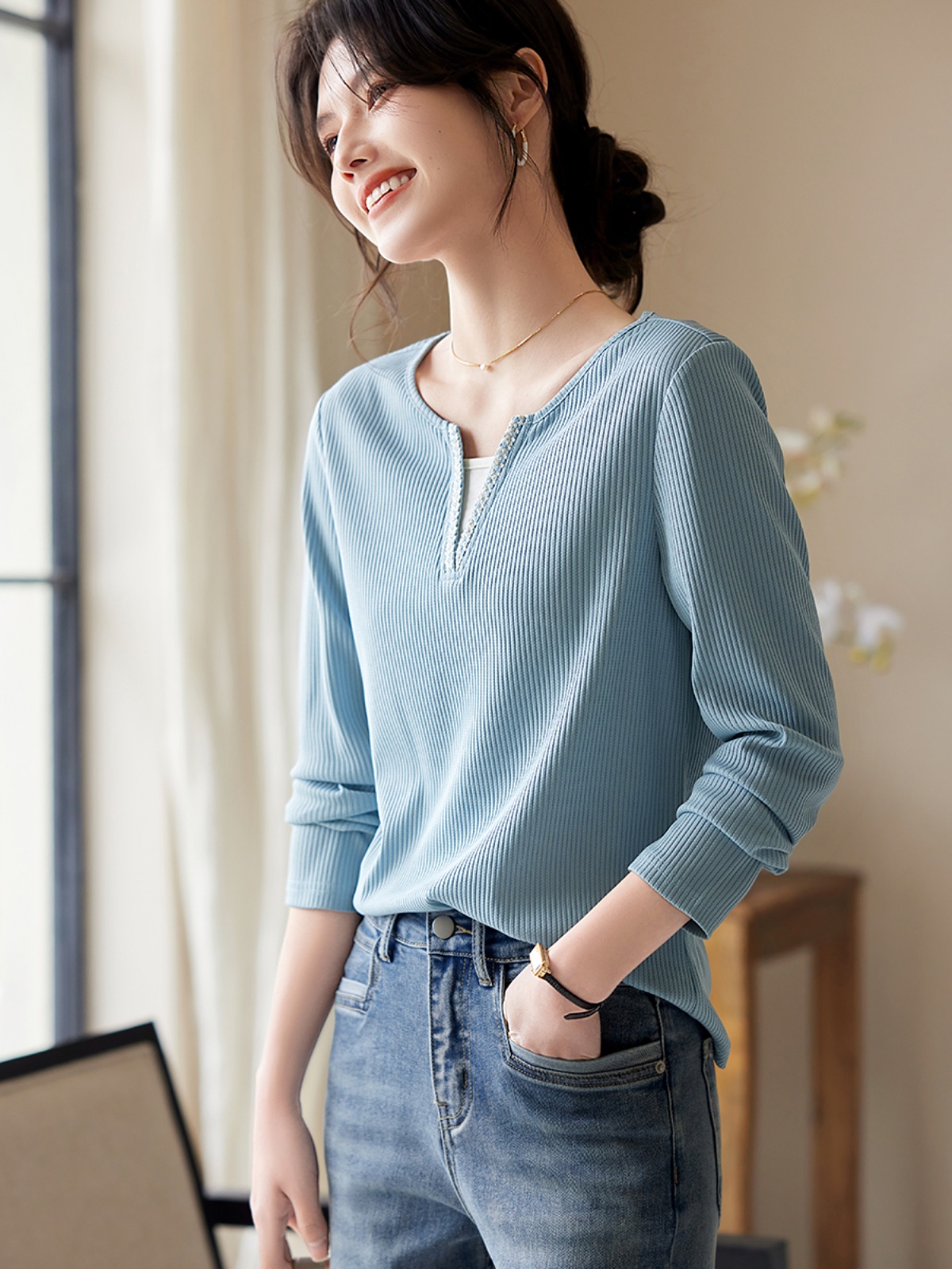 OD107: áo thun nữ dài tay phối màu cao cấp len sơ mi