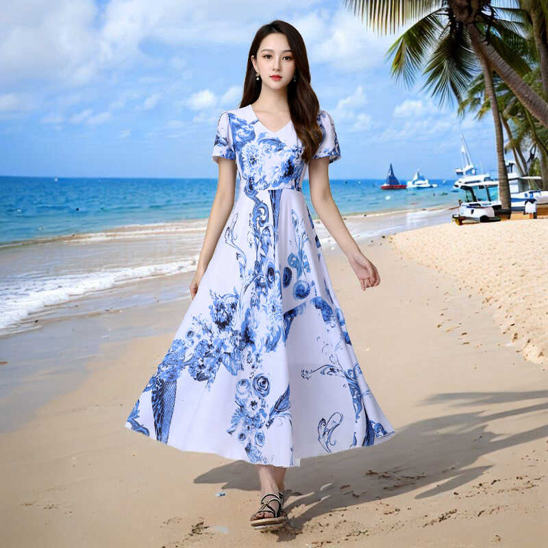 OE624: Váy nữ cao cấp mùa hè dài đến đầu gối in họa tiết váy đi biển ngày lễ