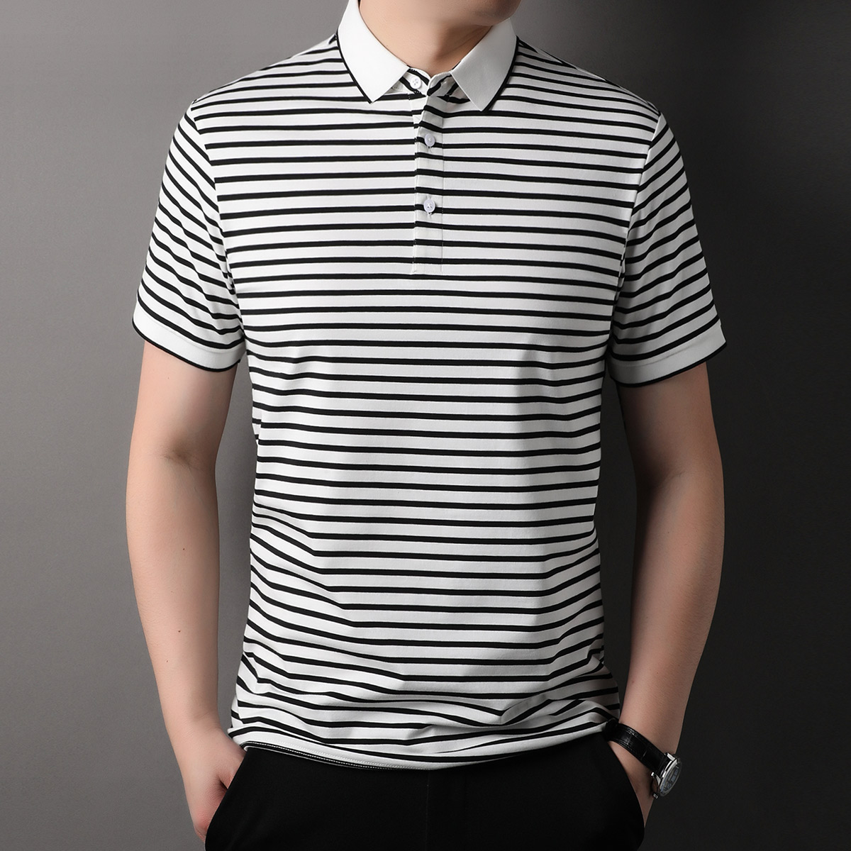 OD329: Áo thun lạnh cotton sợi tằm ngắn tay mùa hè nam sọc atn