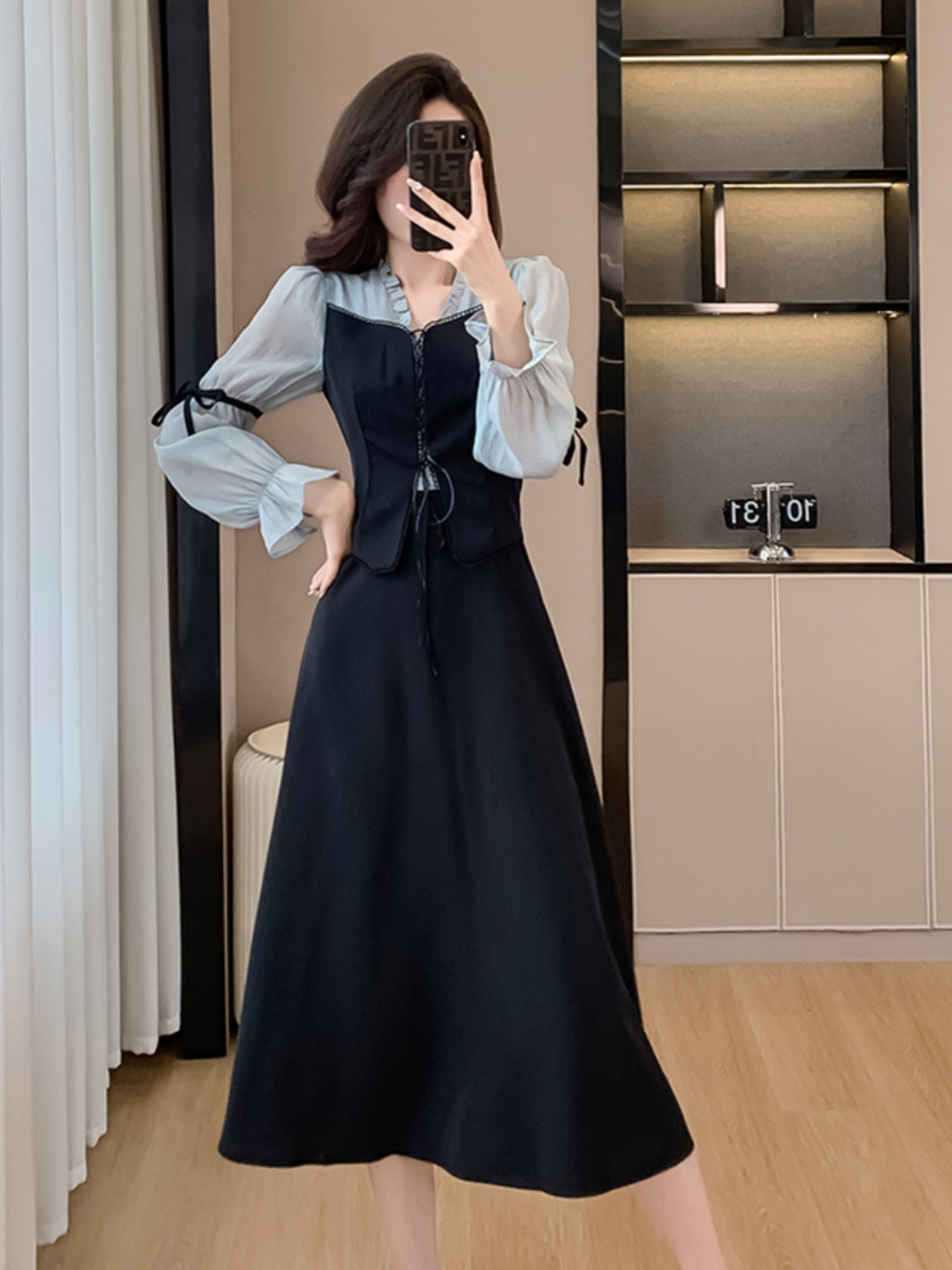 Mã B989: Đầm trà tay phồng cổ điển Pháp Hepburn khí chất thanh lịch cao cấp