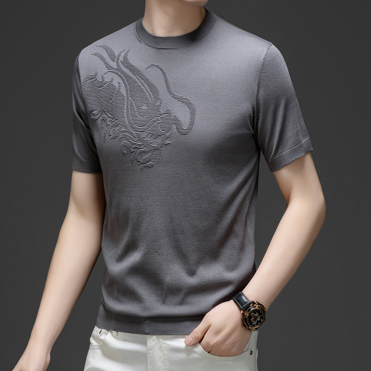 OD331: Áo thun nam mùa hè cổ tròn cổ tròn dệt hoa hình rồng tencel