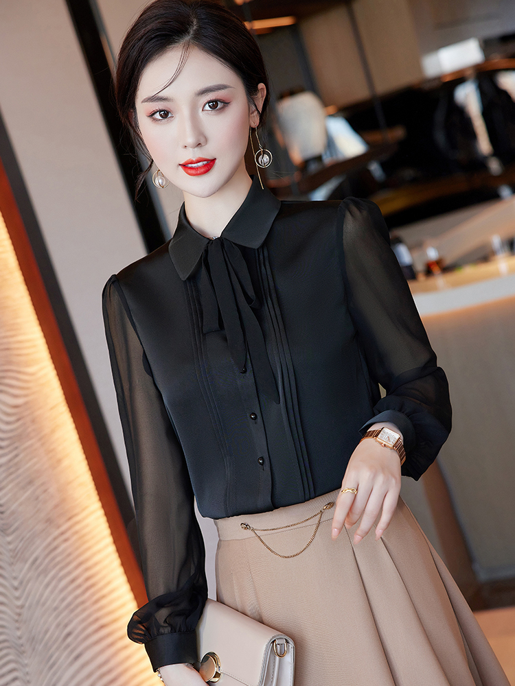 OD077: áo sơ mi nữ lụa dài tay cổ nơ