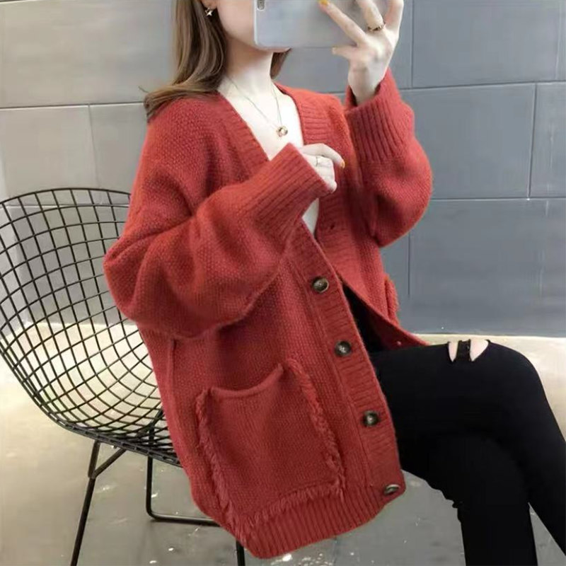 OE436: Áo khoác len nữ Cardigan mùa thu Áo khoác ngoài rộng rãi phong cách Hàn Quốc