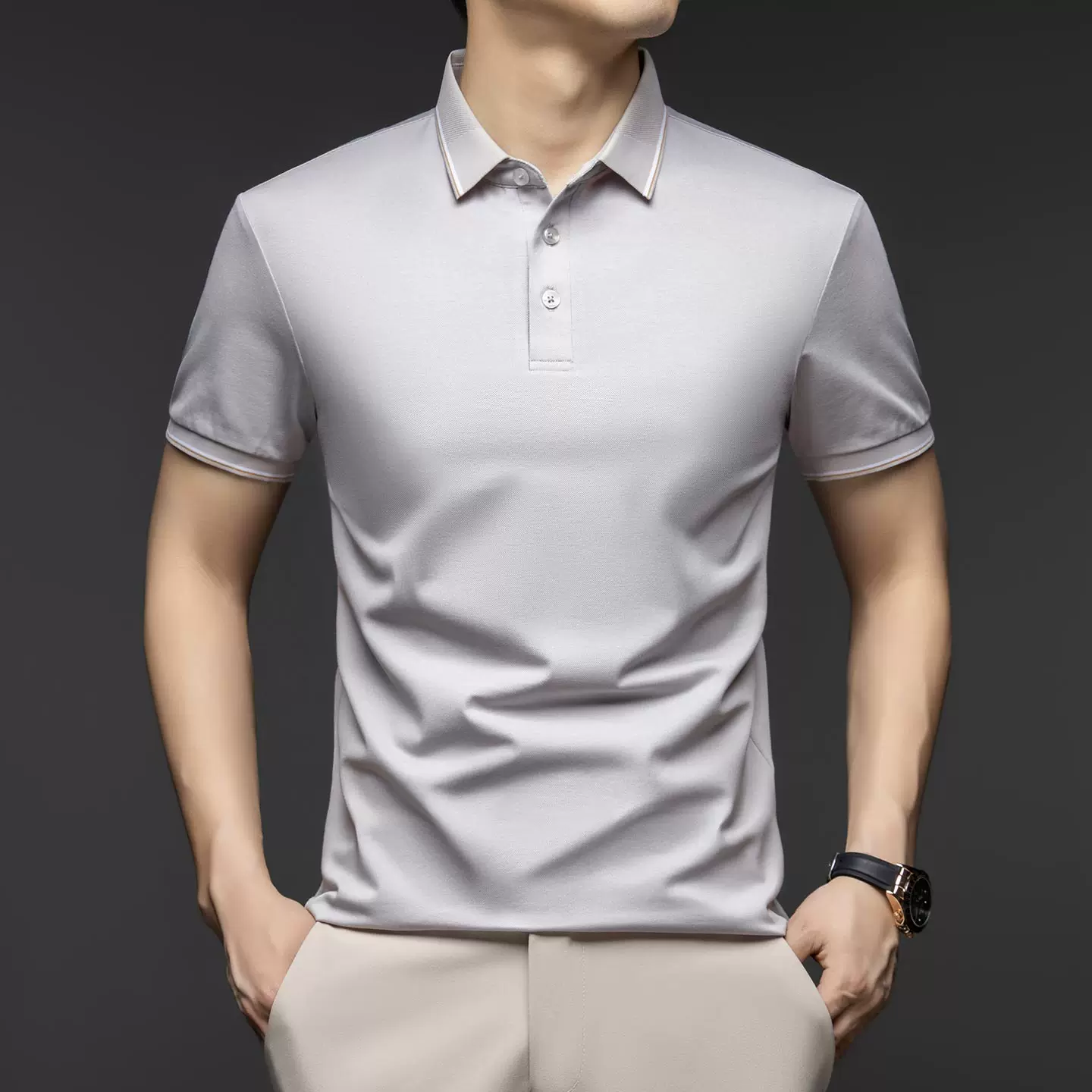 OH028: Áo thun nam tay ngắn cotton lyocell, cổ áo phối màu