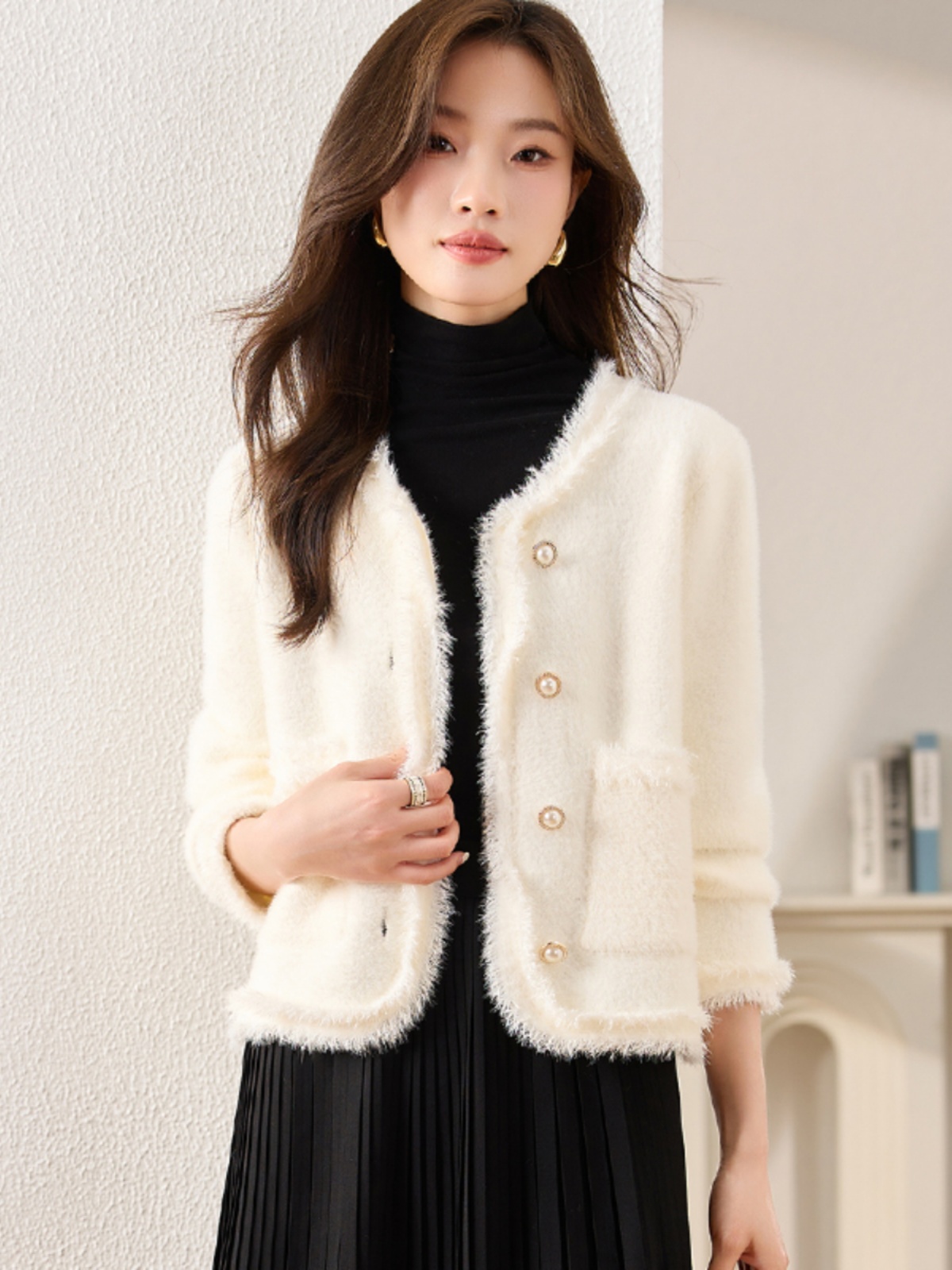 OD822: Áo khoác nữ khoác ngoài nhung chồn cardigan ngắn cao cấp phong cách