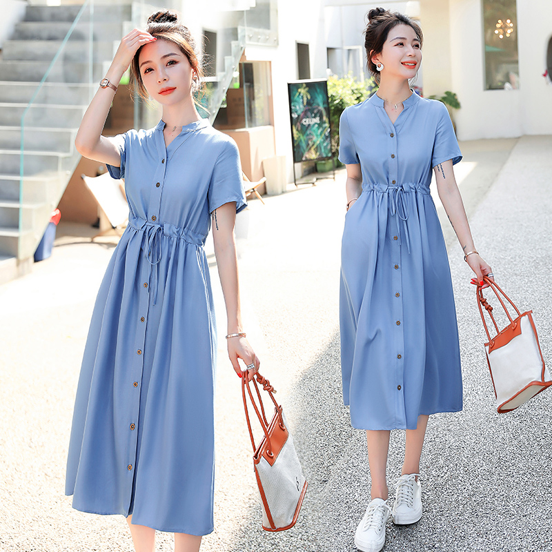 OD648: Váy sơ mi denim Tencel nữ dáng dài quá gối đai eo