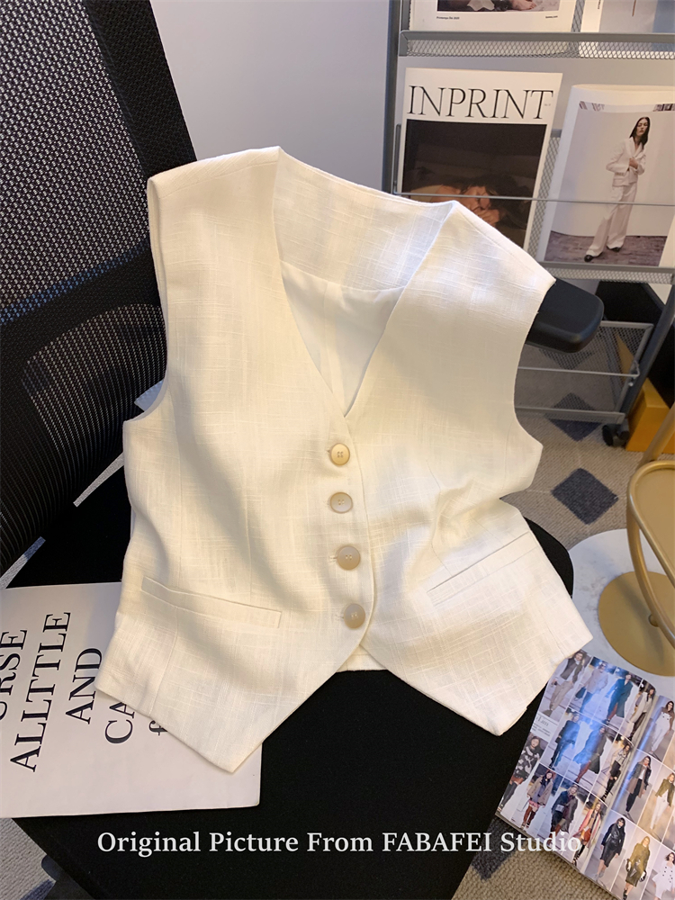 OD725: Áo vest cổ chữ v vải lanh màu trắng phong cách Old sơ mi nữ