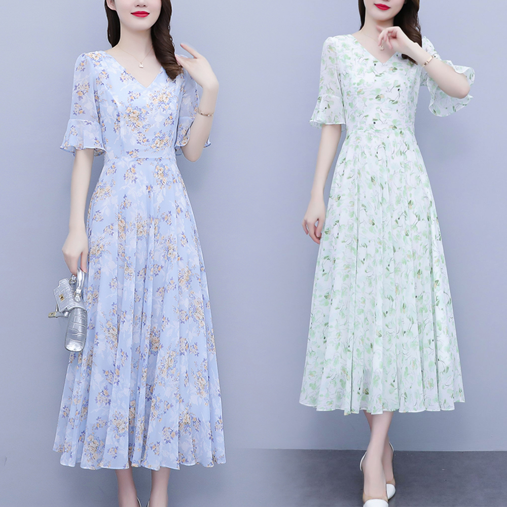 OD097: Đầm chữ A dài quá gối voan hoa ngắn tay cổ chữ V