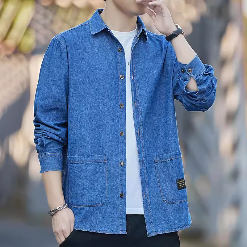 OE346: Áo khoác nam cao cấp sơ mi denim mới áo sơ mi dài tay