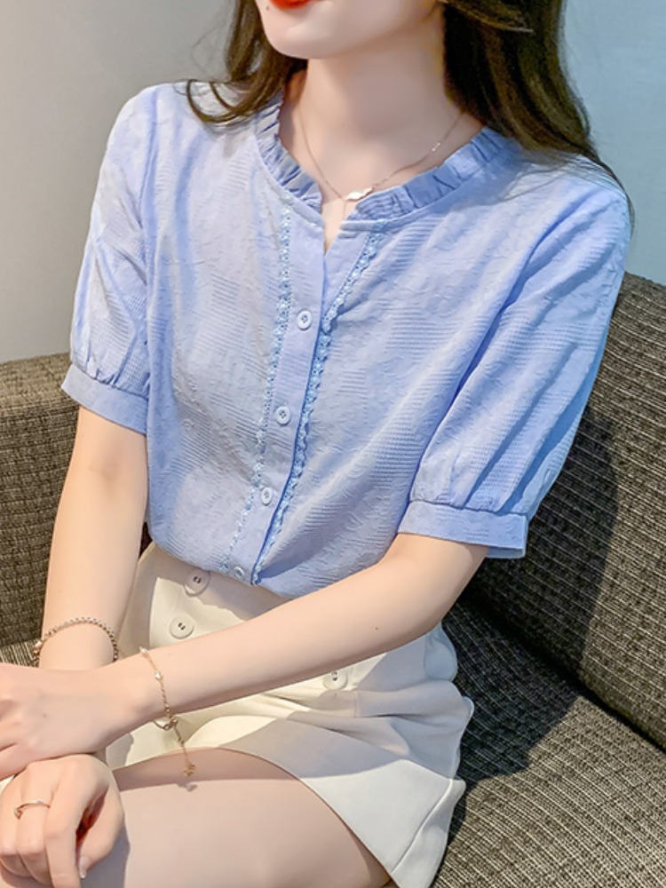 OD053: áo sơ mi nữ cotton phối ren tay ngắn