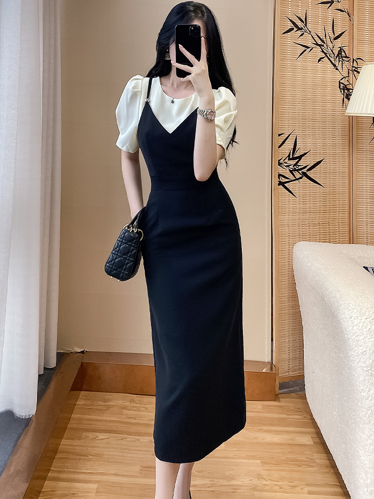 OE914: Váy đen tay ngắn mùa hè mới cho nữ