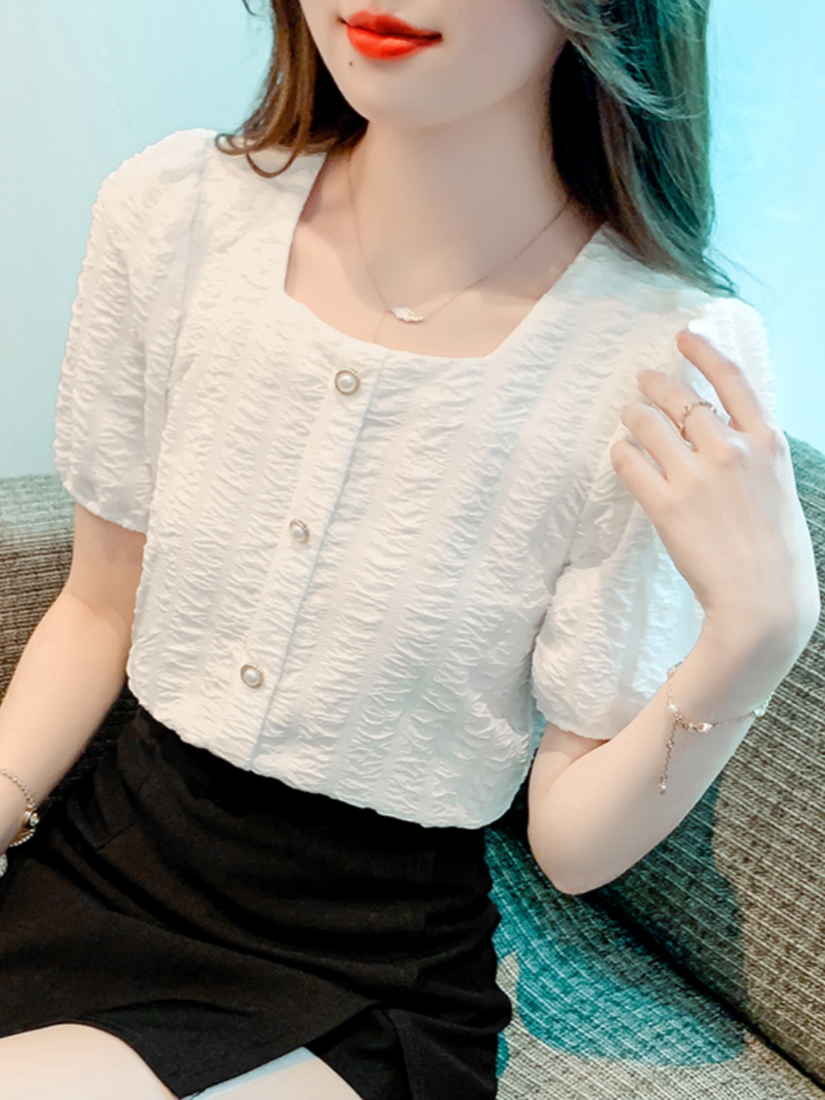 OD154: áo sơ mi nữ voan tay phồng nữ Pháp