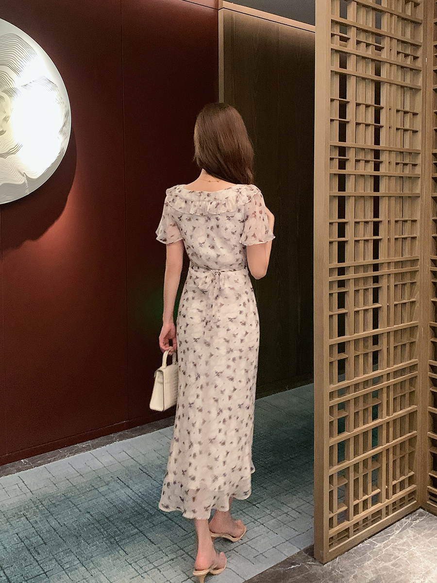 OE619: Váy dài tay chiffon hoa kiểu Pháp