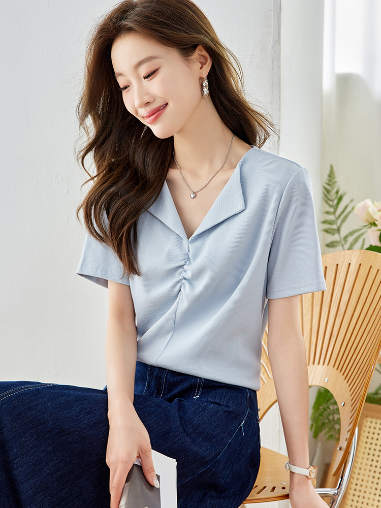 OE400: áo sơ mi nữ cổ chữ V cotton nguyên chất tay ngắn áo phông nữ