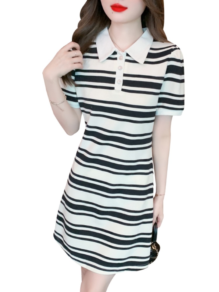 OD098: đầm thun sọc trẻ trung cổ polo