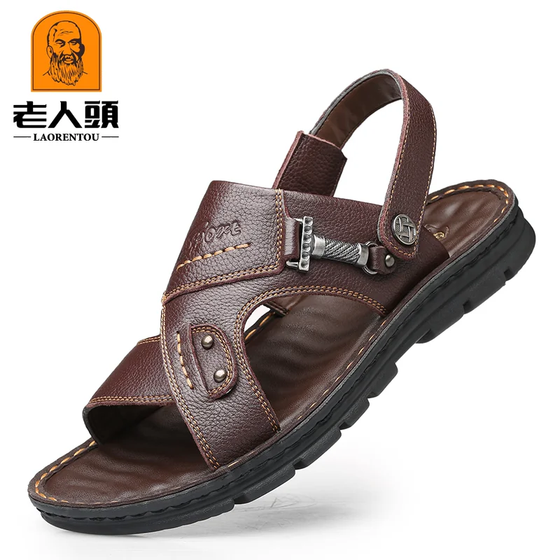 OH095: Dép da bò nam cao cấp kiểu mới mùa hè, thích hợp cho người trung niên và người cao tuổi, đế mềm