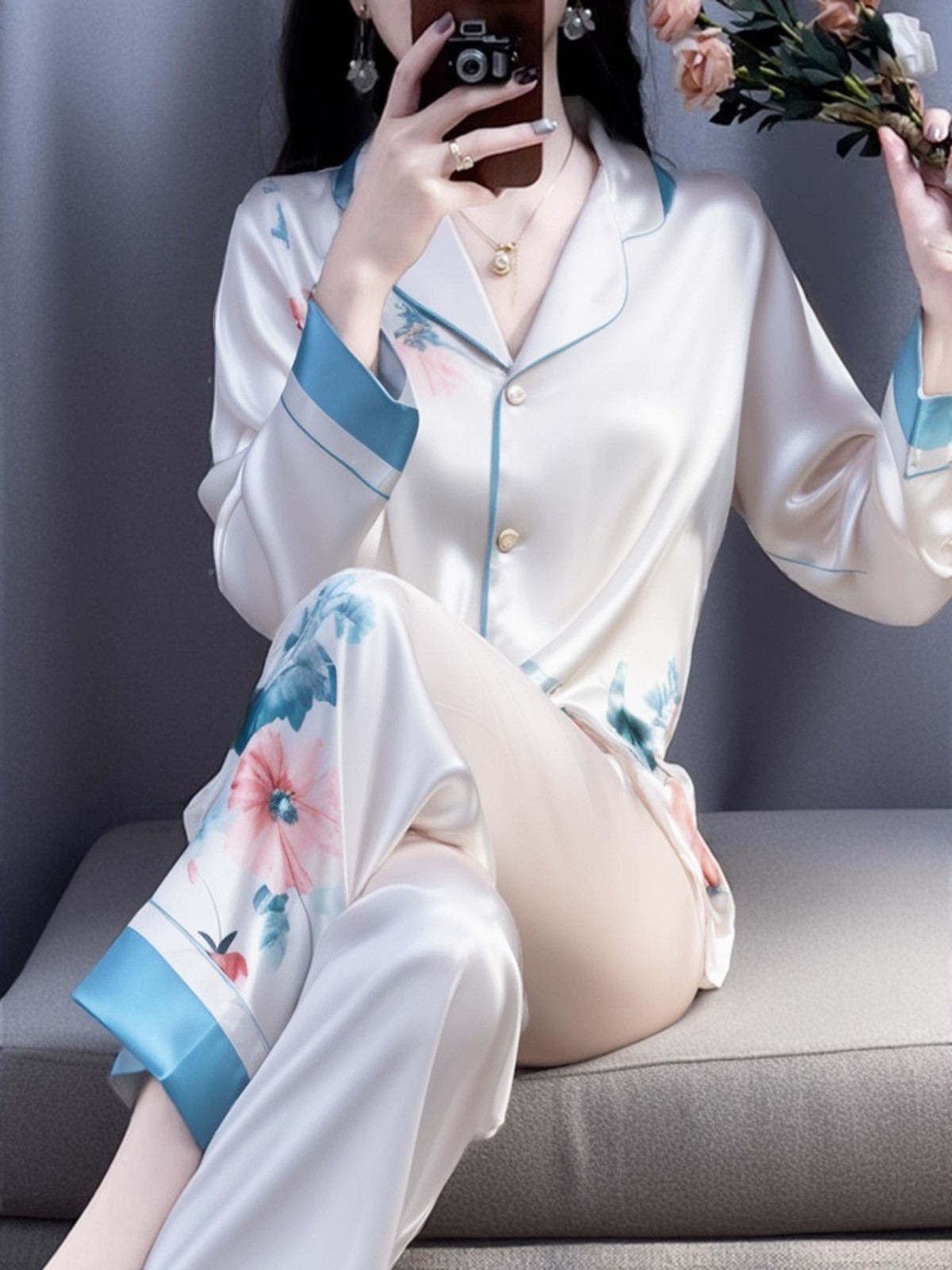 OE518: Bộ đồ ngủ nữ xuân thu hè lụa