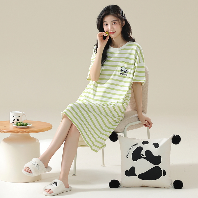 OE524: Váy ngủ nữ SPNN mùa hè cotton nguyên chất tay ngắn váy mỏng rộng rãi cỡ lớn