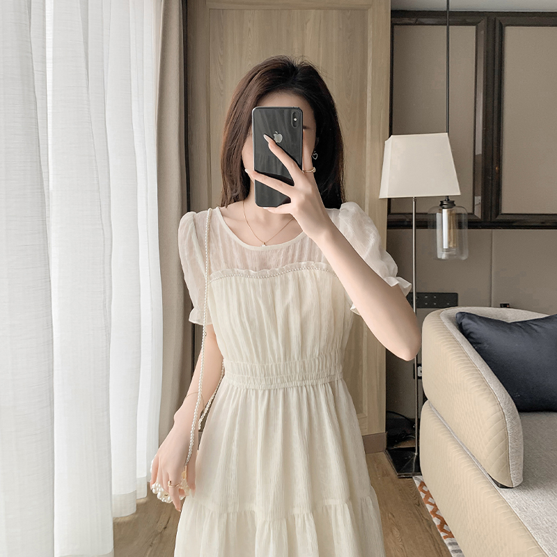 OD553: Váy voan trắng cổ tròn che bụng Váy chữ A
