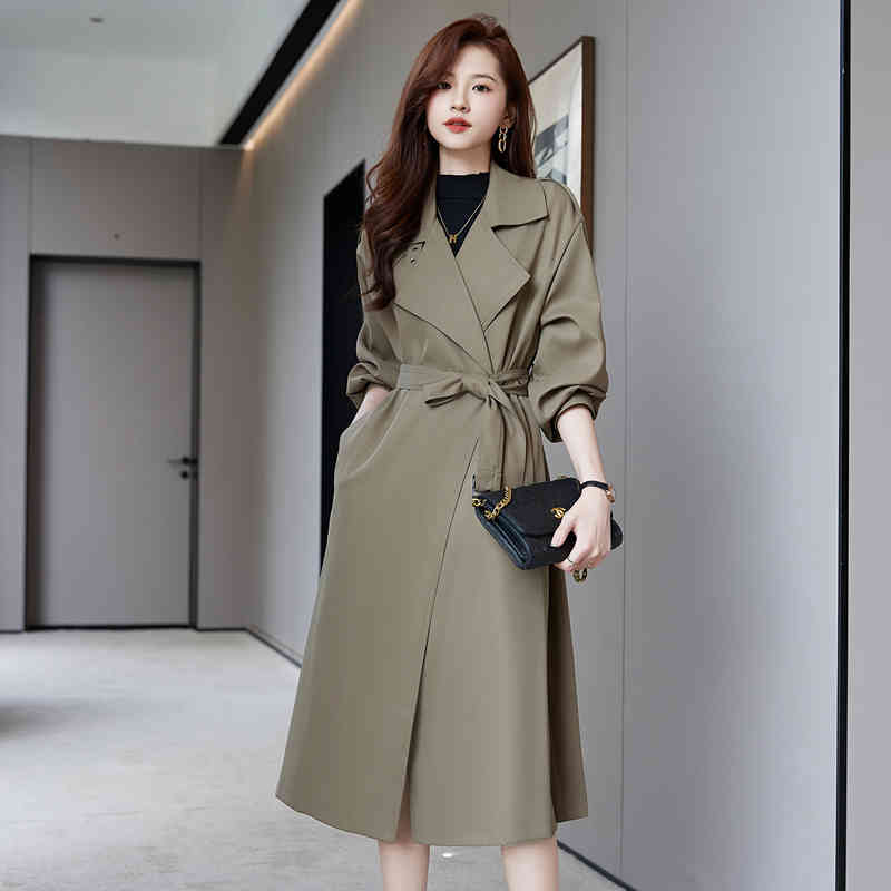 C168: Áo khoác kaki nữ dáng rộng buộc dây eo dài áo khoác phong cách Anh Quốc