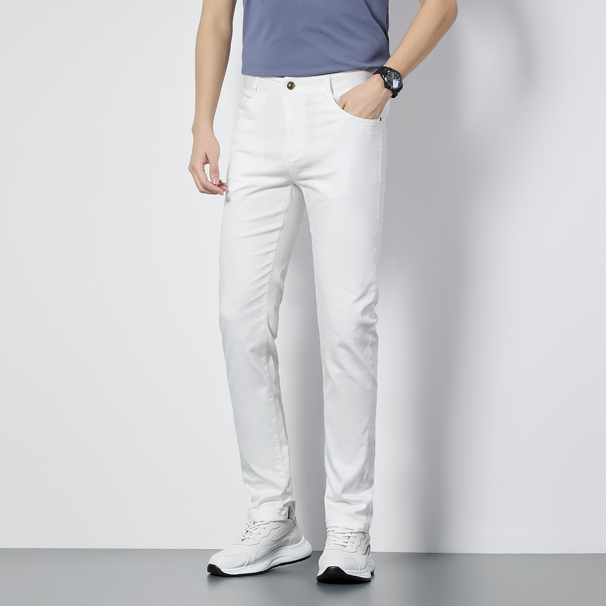 OE685: Quần jeans nam cao cấp màu trắng cotton lụa lạnh co giãn ôm vừa vặn thời trang