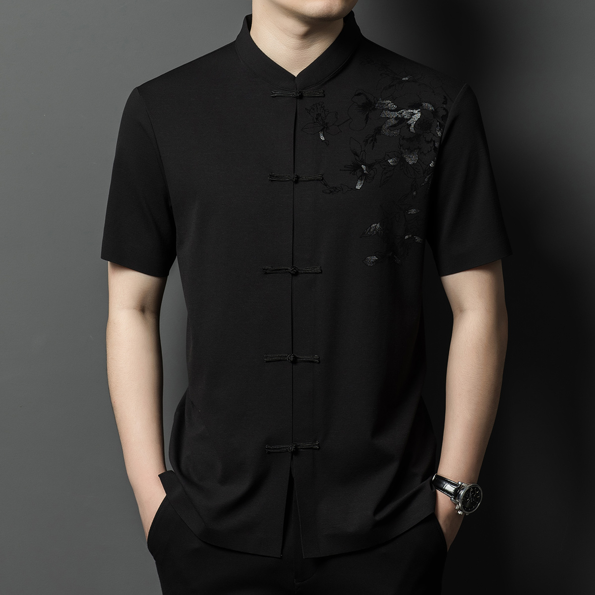 OD334: Áo sơ mi nam ngắn tay lụa mỏng cổ đứng in hình