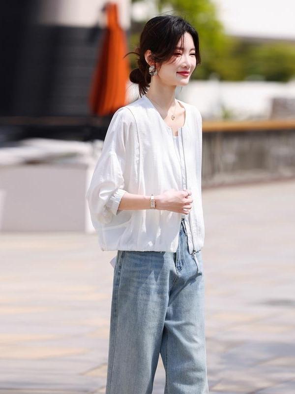 OE919: Áo khoác nữ mỏng cổ tròn phong cách