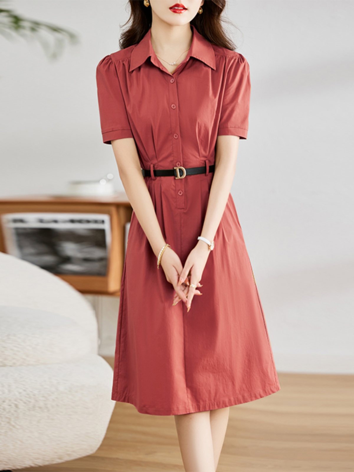 OD558: Đầm sơ mi cotton ngắn tay trang trọng