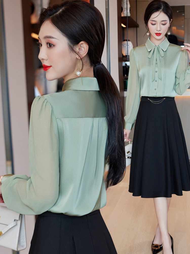 OD077: áo sơ mi nữ lụa dài tay cổ nơ