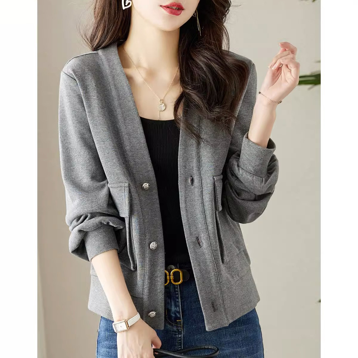 OD543: áo cardigan màu xám áo khoác ngắn cho nữ