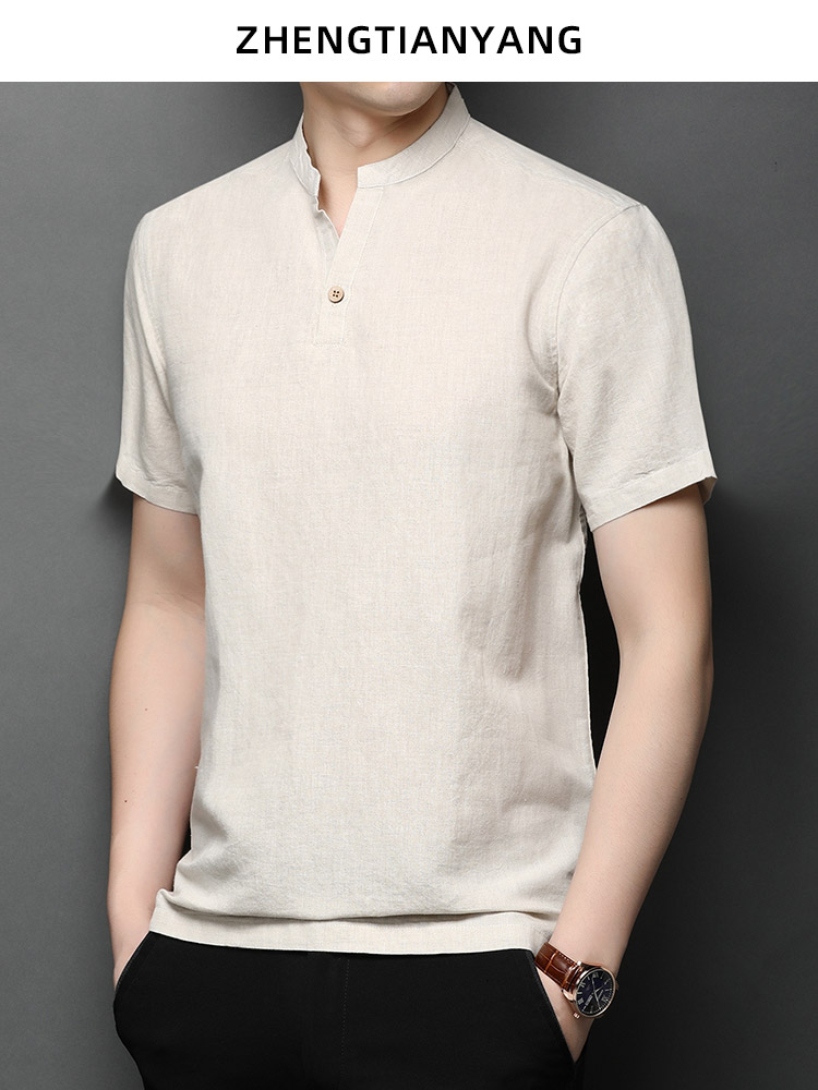OE242: Áo thun nam cao cấp tay ngắn cổ đứng mùa hè vải lanh cotton