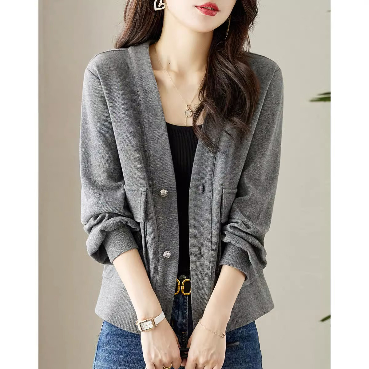 OD543: áo cardigan màu xám áo khoác ngắn cho nữ