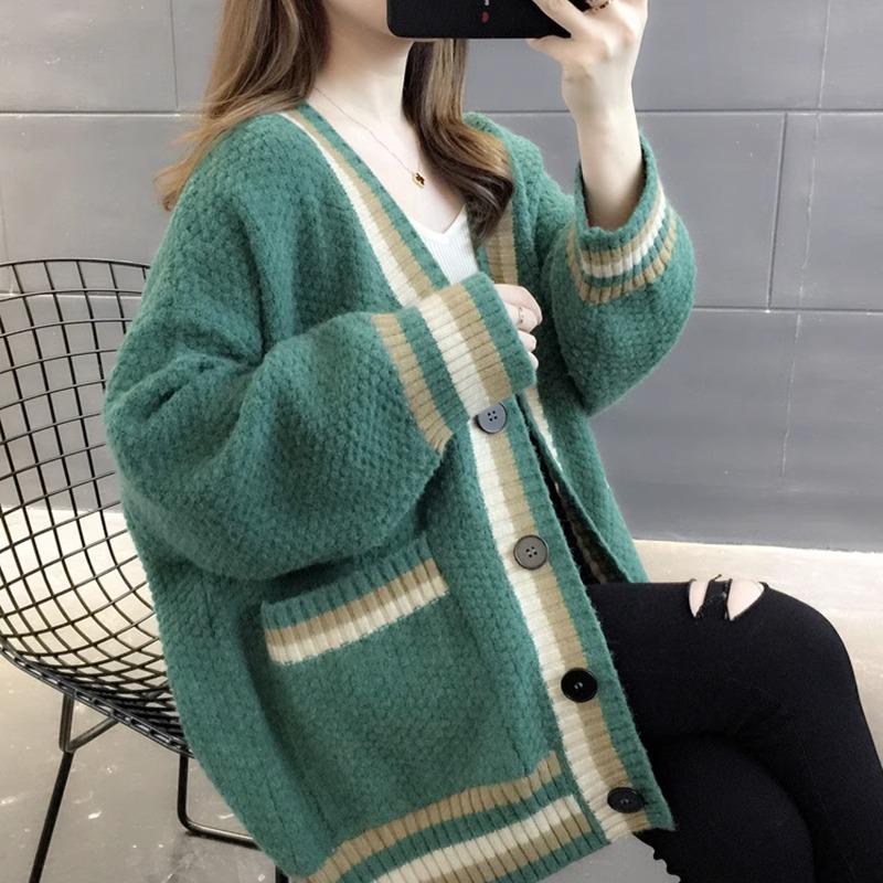 OE439: Áo len cardigan dệt kim nữ thu đông mới áo khoác rộng nữ