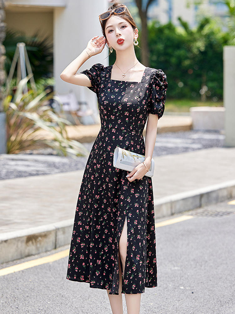 OD649: Váy hoa cổ vuông phong cách Pháp