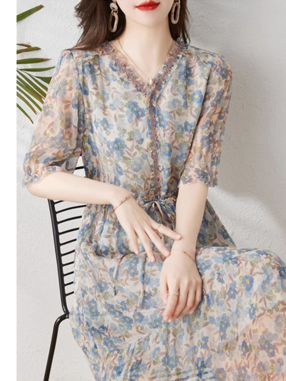 Mã B692: đầm váy cao cấp phong cách Âu Mỹ Haiqinglan họa tiết hoa