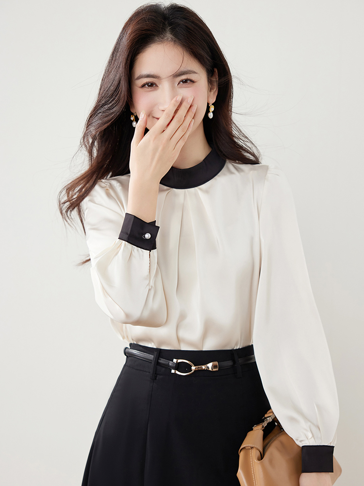 OE396: Áo sơ mi vải satin chiffon cổ đứng phối màu kiểu Pháp nữ