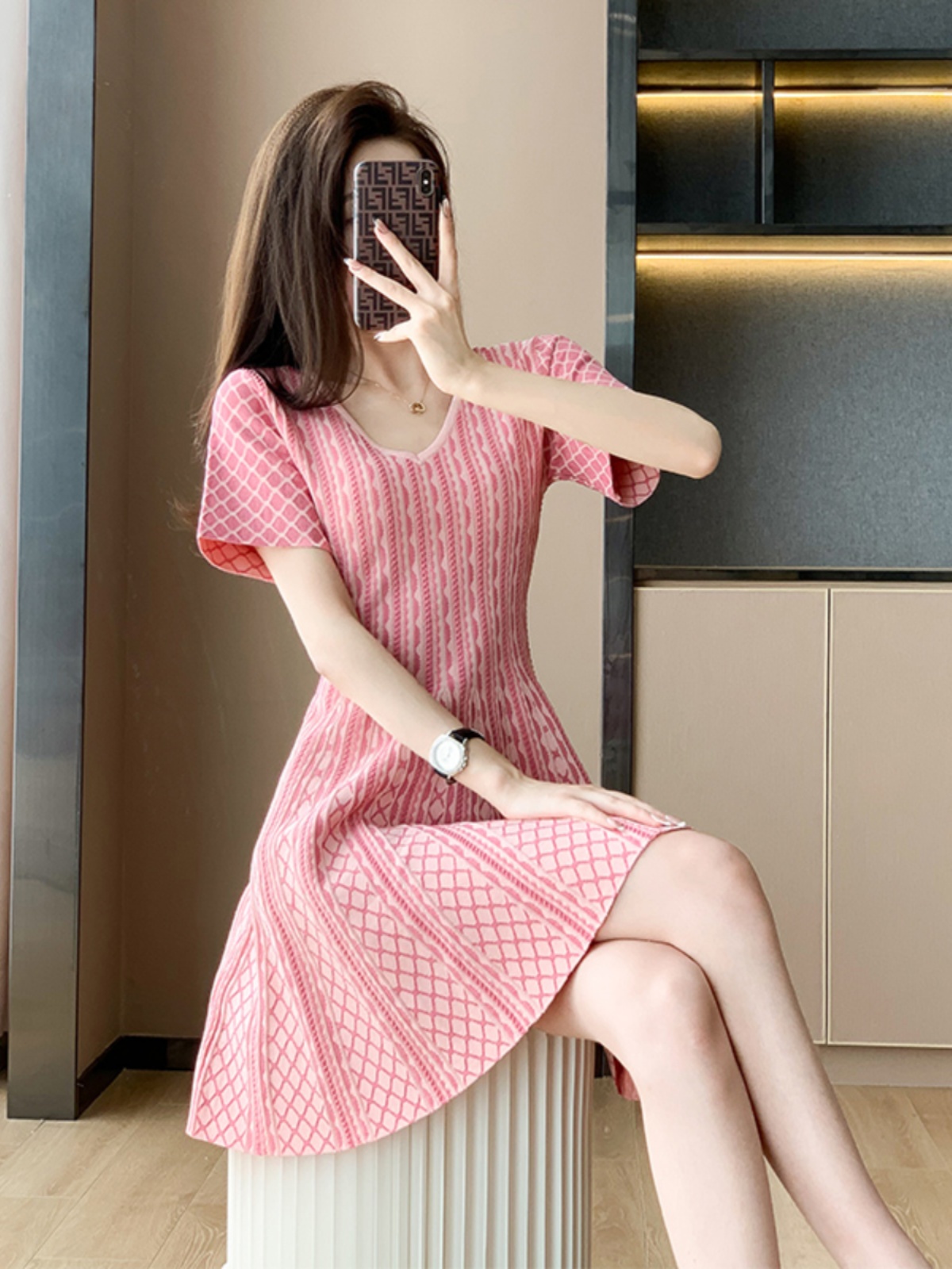 OD163: đầm hồng nữ tính cổ V hàn quốc