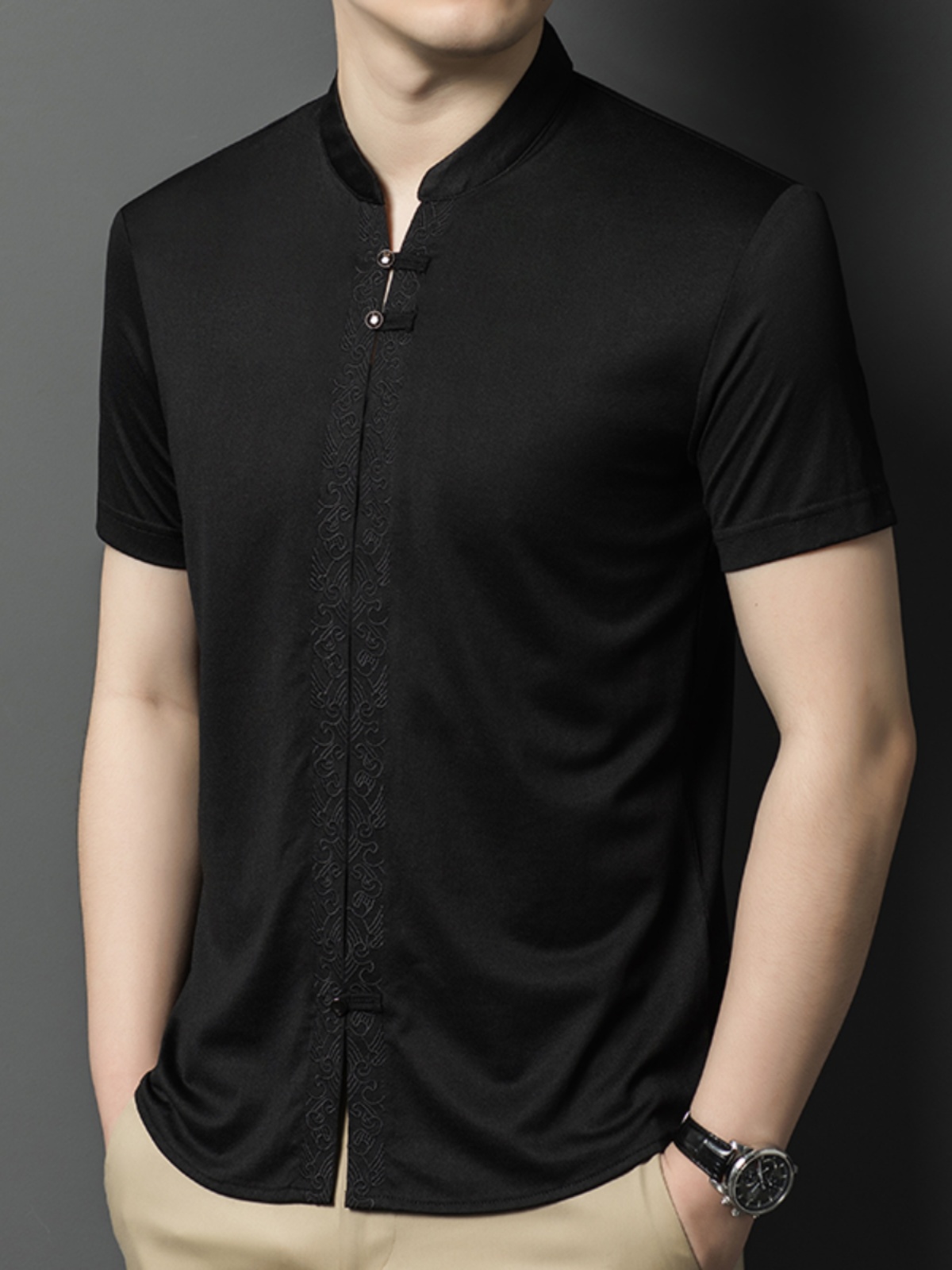 OE839: Áo thun nam tay ngắn cổ đứng phong cách Trung Hoa cao cấp