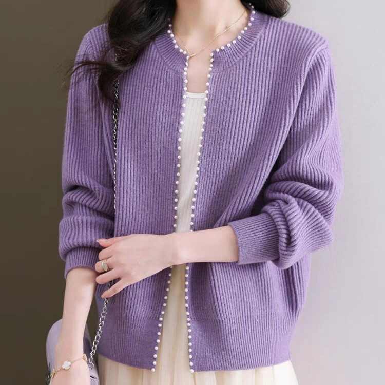 OC251: Áo khoác cardigan nữ dệt kim cổ tròn nữ thanh lịch