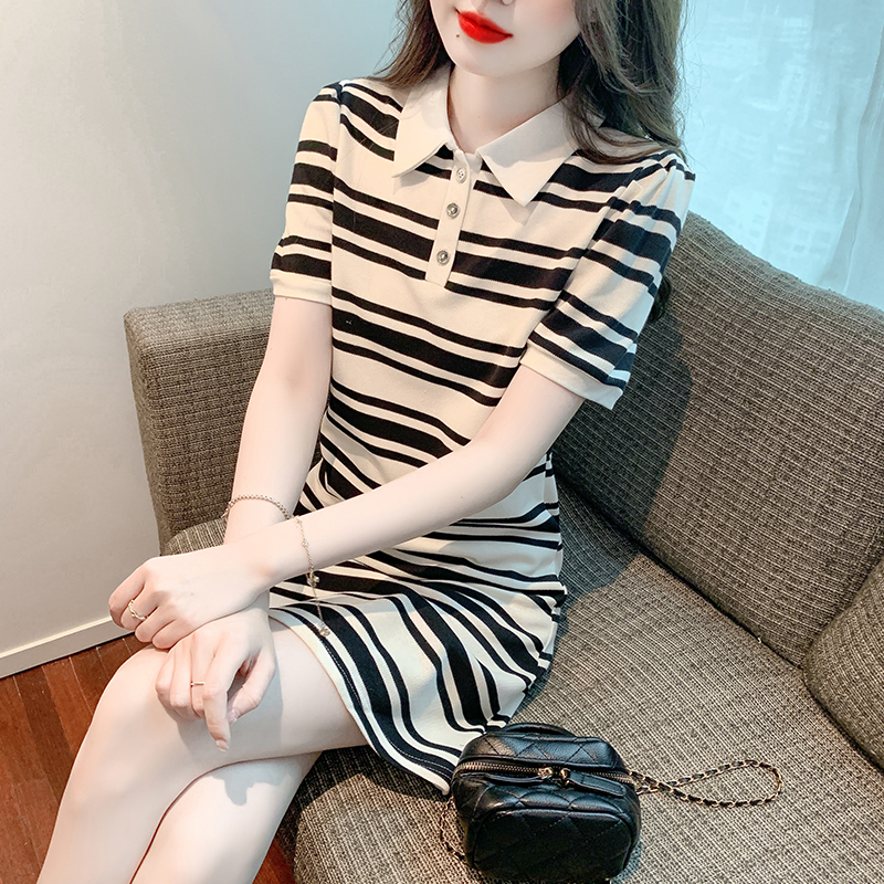 OD098: đầm thun sọc trẻ trung cổ polo