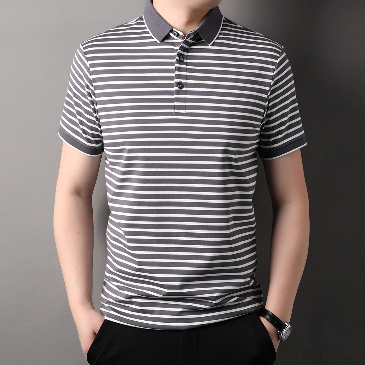 OD329: Áo thun lạnh cotton sợi tằm ngắn tay mùa hè nam sọc atn