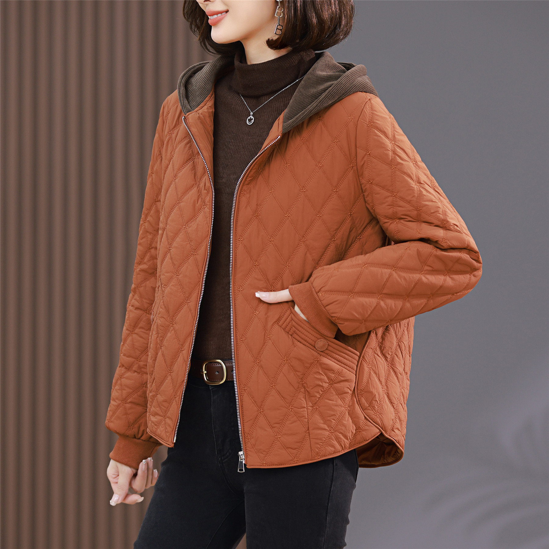 OC969: áo khoác nữ có mũ cao cấp hình thoi