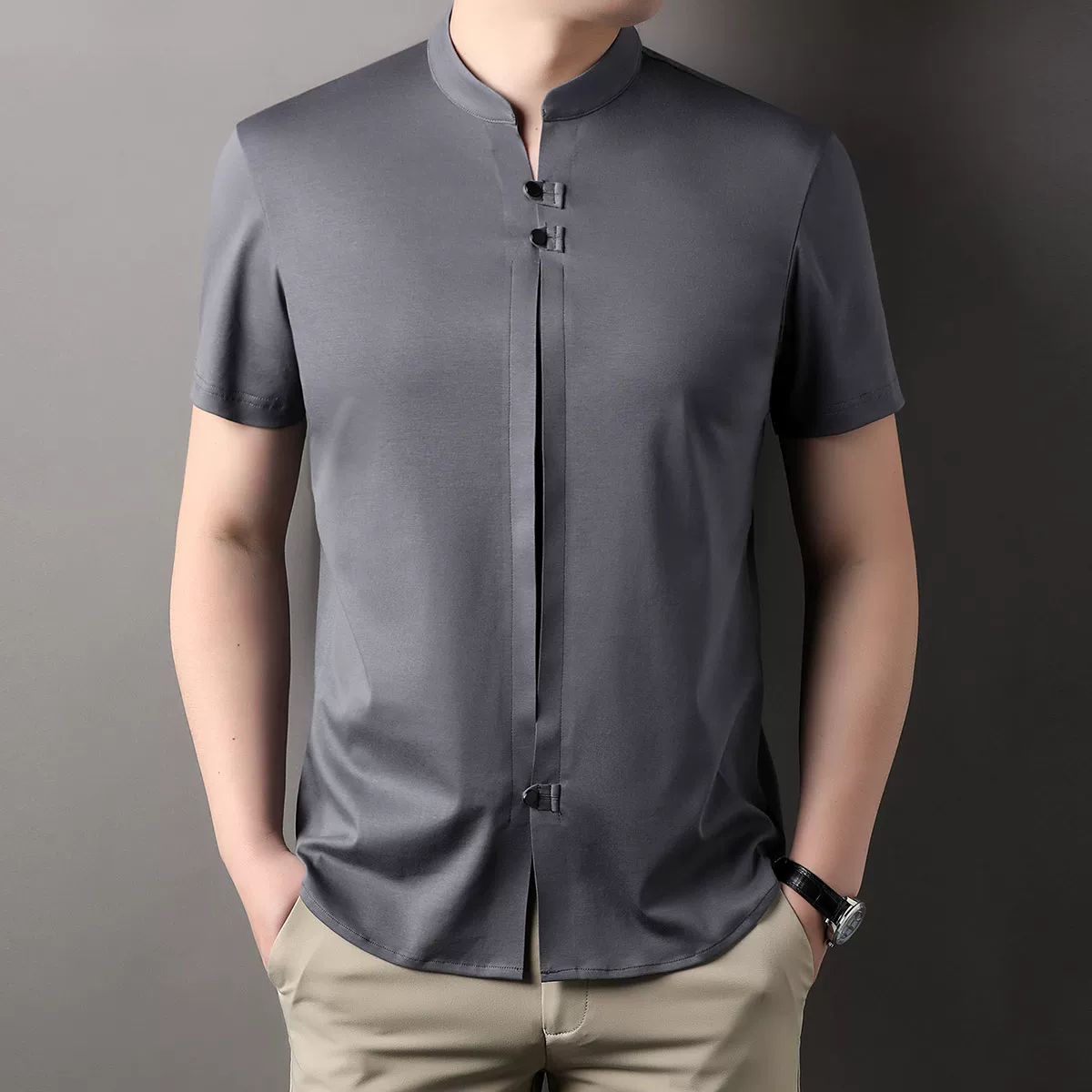 OH029: Áo thun nam tay ngắn mỏng kiểu Trung Quốc, cổ đứng, cài khuy, chất liệu cotton
