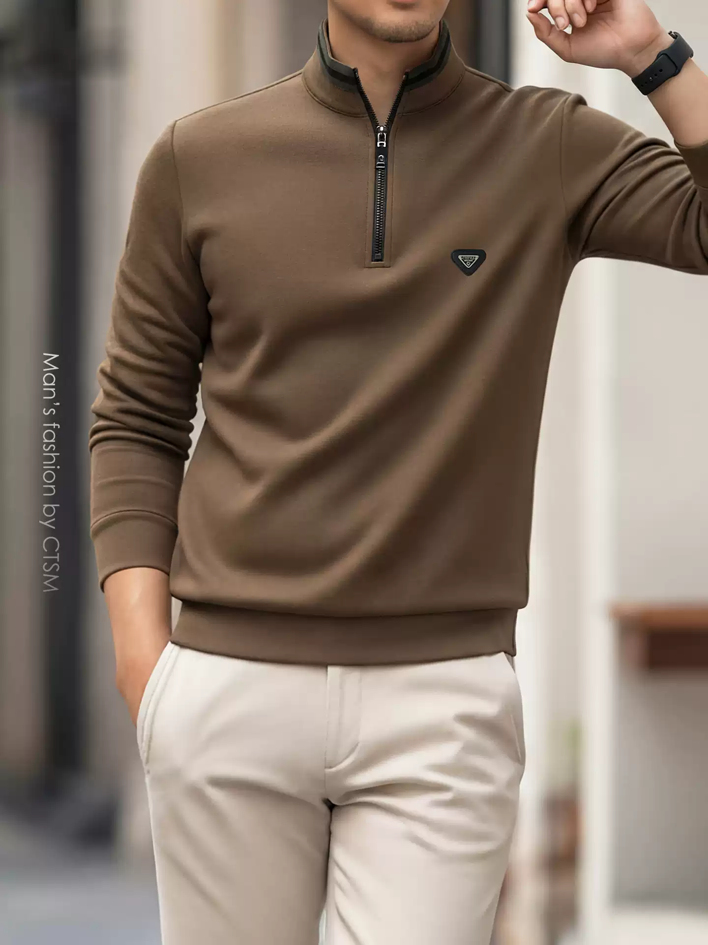 OH087: Áo sweatshirt nam cao cấp cao cấp cổ đứng, khóa kéo nửa thân, phong cách tối giản